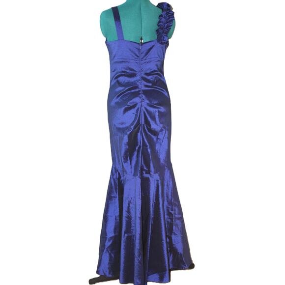 R&M Richards Petite 10P Cobalt Blue Rosette Strap Satin Evening Gown - Picture 2 of 4